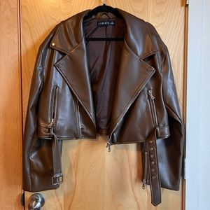 Lioness Chocolate Brown Cropped Faux Leather Moto Jacket